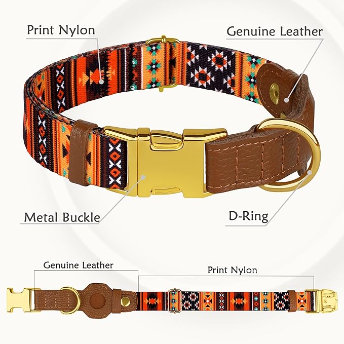 AirTag Dog Collar for Small Medium Large Breed - Adjustable Cute Pattern Dog Collar with Airtag Holder - Soft Leather Tracker GPS Apple Air Tag Pet Collars (X-Small, 9"-12" Neck Fit, Western)