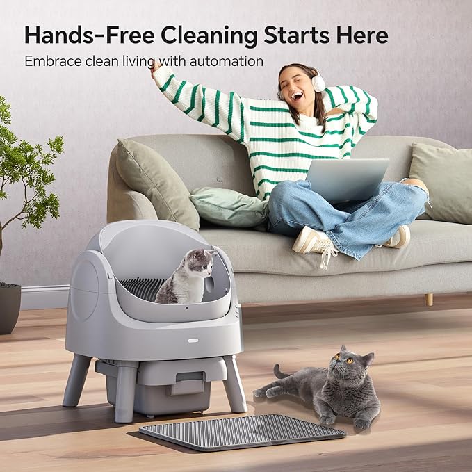 Self Cleaning Cat Litter Box, Open-Top Automatic Litter Box for Multiple Cats with Safety Sensors, Includes Liner Bags and Litter Mat, Grey