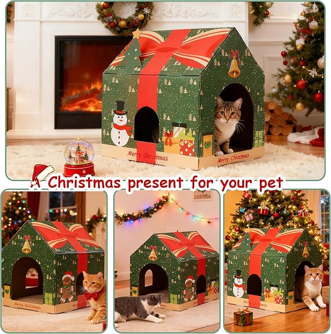 Cat Scratching House, Christmas Theme Scratcher Cardboard, Lounge Bed for Indoor Rest & Play, House Scratcher Pad (Green, 14.4 "L X 15" W X 11.8" H)