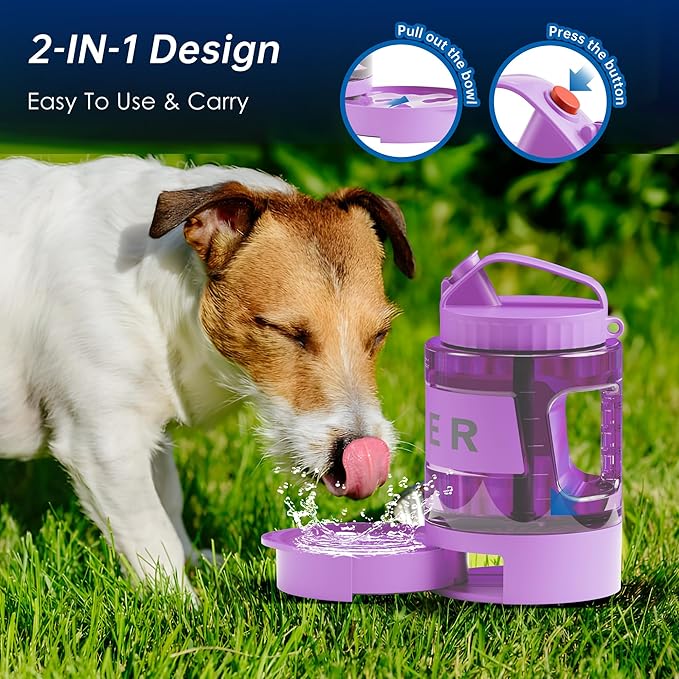77oz Dog Water Bottle with Dispenser Bowl, 2200ml Capacity, Purple, Portable Pet Travel Bottle with Strap