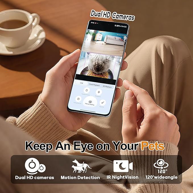 6L AI Automatic Cat Feeder with Dual Camera, 1080P HD Night Vision & Dual Power Supply, Easy Setup Timed Food Dispenser with Desiccant Bag for Cats & Dogs (White)