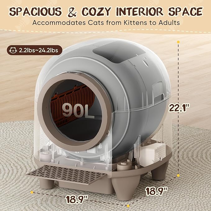 GUNJI Automatic Self-Cleaning Litter Box, 90L Large Capacity for Multiple Cats - APP Controlled with Safety Protection, Included Litter Mat & 1 Roll Garbage Bags (Brown)