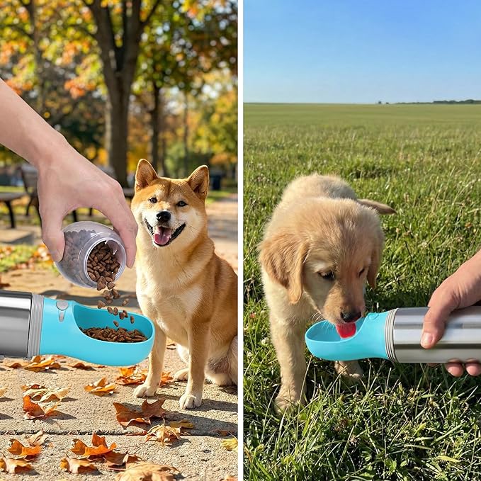 Portable Dog Water Bottle with Food Container, 14 OZ, Stainless Steel Leak Proof Puppy Water Dispenser with Drinking Feeder for Pets Travel, Walking, Hiking and Outdoor Activities