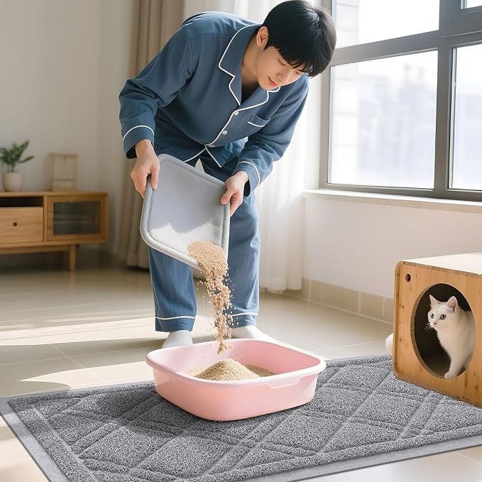 Smiry Cat Litter Box Mat 30x20, Non-Slip Water Resistant Litter Trapping Mat, Easy Clean Less Waste and Urine-Locking Cat Carpet for Indoor, Grey