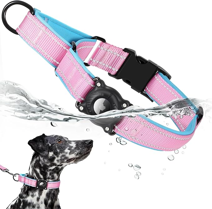 Airtag Dog Collar with Martingale Design, IP68 Waterproof Air Tag Collar Holder, Adjustable Reflective Soft Padded Nylon Dog Collar for Large Medium Small Dogs