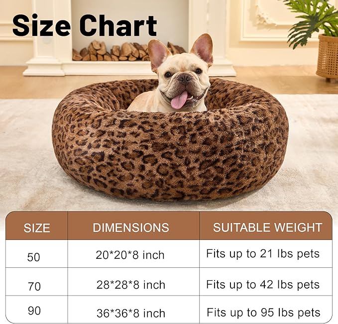 Dog Calming Beds for Small Medium Large Dogs - Round Donut Washable Puppy Dog Bed, Anti-Slip Faux Fur Fluffy Donut Cuddle Anxiety Cat Pet Bed (32" Leopard Print)