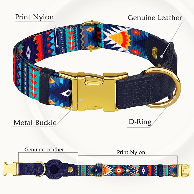AirTag Dog Collar for Small Medium Large Breed - Adjustable Cute Pattern Dog Collar with Airtag Holder - Soft Leather Tracker GPS Apple Air Tag Pet Collars (Large, 17"-21" Neck Fit, Navajo)