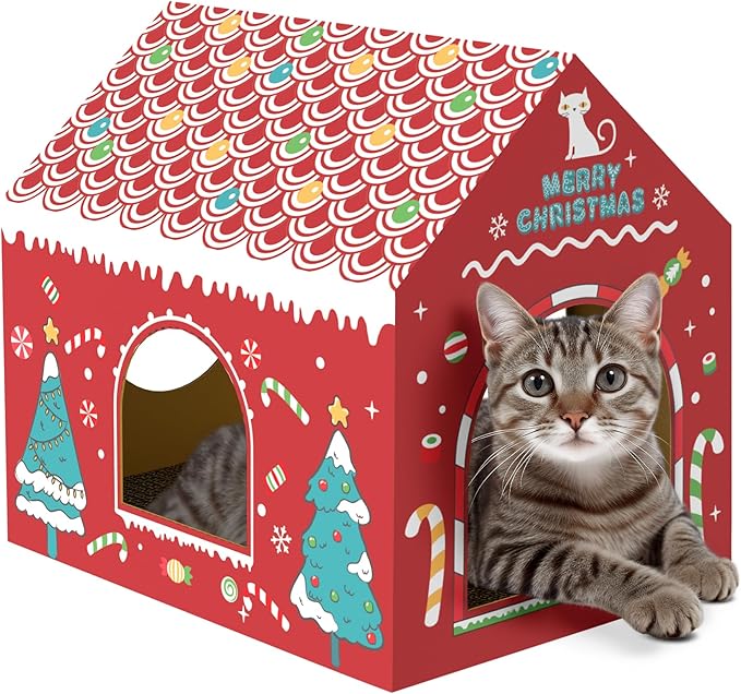 WESTERN HOME Cardboard Cat House W/Scratcher, Christmas Cat Houses for Indoor Cats (16.5''x12''x15''), Bunny&Kitten Hideaway Cats Scratching Playhouse for Christmas Decorations