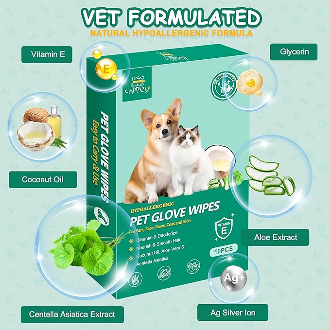 10 PCS Pet Cleaning and Deodorizing Bathing Grooming Glove Wipes for Dogs and Cats, Extra Thick Nourish Fur No-Rinse Grooming Wipes for Daily Care and Travel, Hypoallergenic