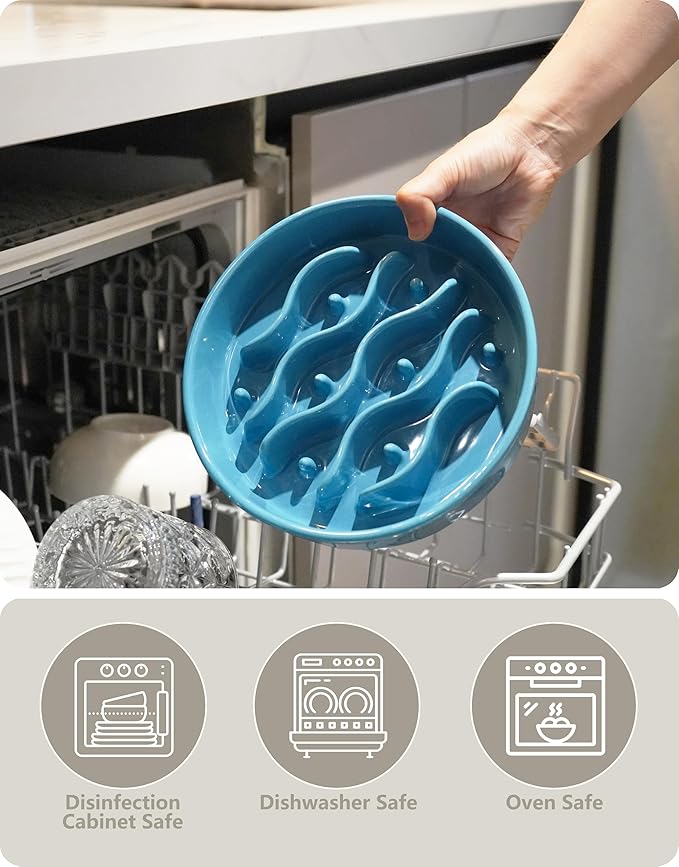 Ceramic Slow Feeder Dog Bowls Elevated, 2.0 Cups Dog Slow Feeder for Medium and Large Dogs, 30oz, 8in, Baby Blue