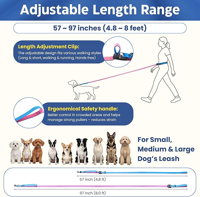 Hands Free Dog Leash, Multifunctional Crossbody Running for Dogs, Ultra-Light Dog Training Leash with Secure Clip, Short & Long Leashes, Adjustable Service Dog Leashes (Aqua Pink)