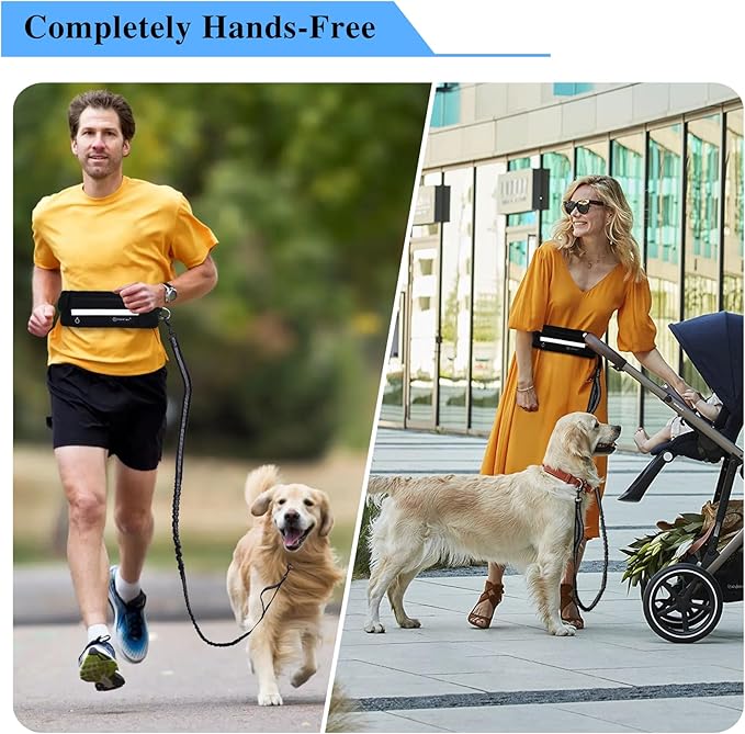 Tails & Tales Hands Free Dog Leash with Lightweight Waist Pouch for Walking Running Hiking, Adjustable Belt 25-45", Dual Padded Handles, Reflective Bungee Design for Small to Large 100lb Dogs (Black)