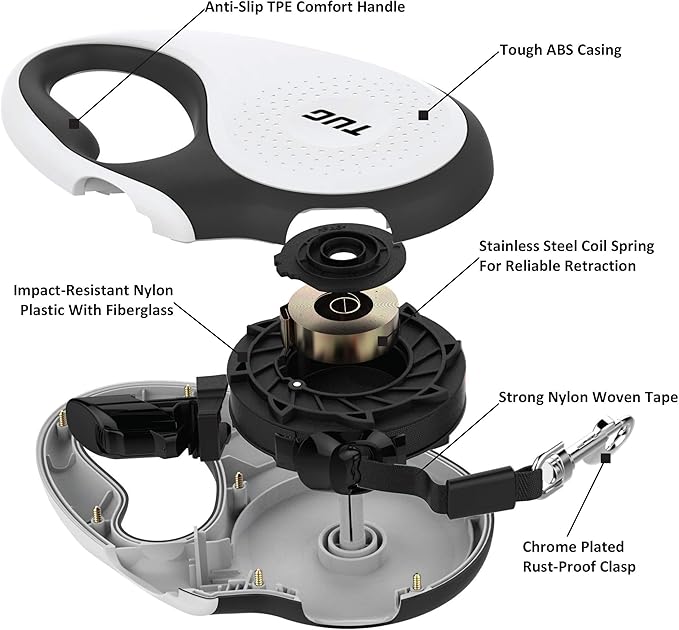 TUG Tiny 360° Tangle-Free Retractable Dog Leash with Anti-Slip Handle | 10 ft Nylon Tape| One-Handed Brake, Pause, Lock (White)