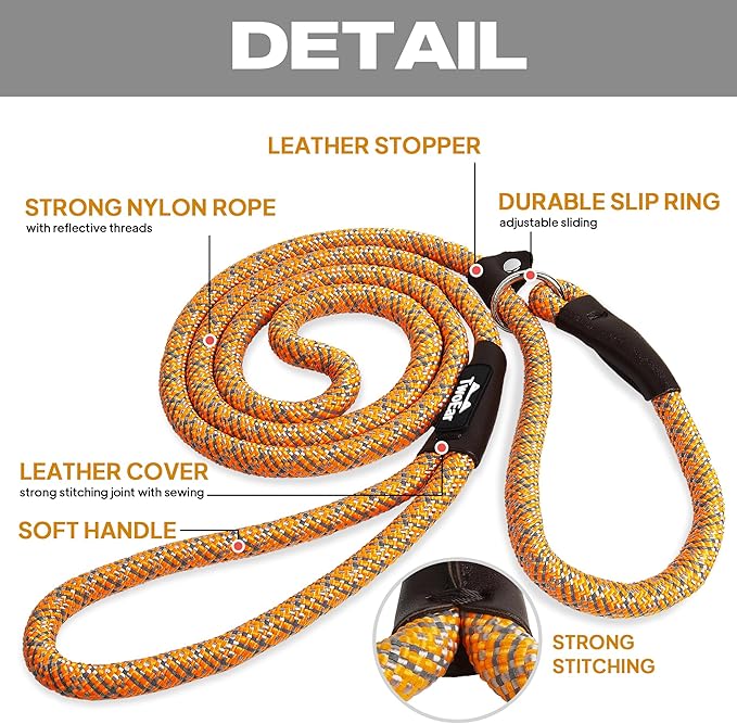 TwoEar Dog Slip Rope Leash - 6FT Heavy Duty Training Leash with Reflective Threads for Small to Large Dogs (Slim 3/8''x6ft, Orange)