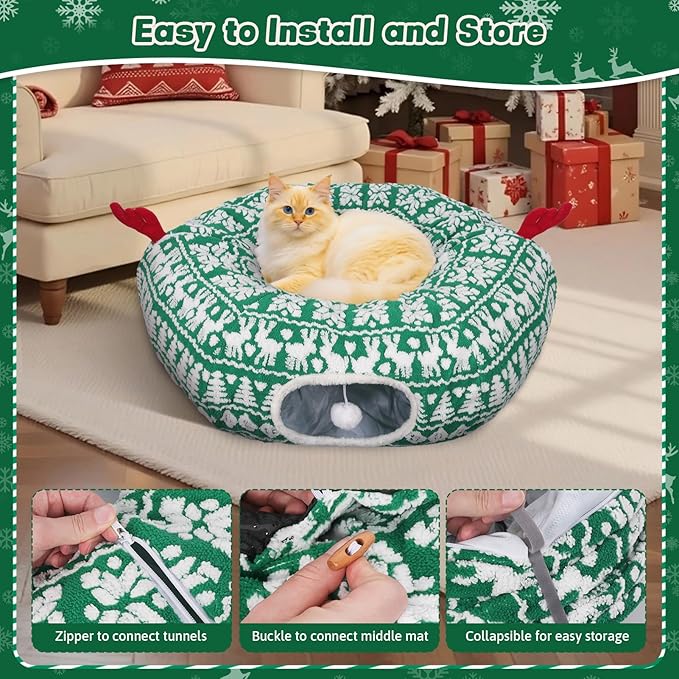 Christmas Tree Cat Tunnel, Cute Cat Tunnel Christmas Tree Skirt with Washable Mat, Hanging Ball, Soft Plush Pet Donut Tube Bed Play Gifts, Xmas Decor for Indoor Kitten, Rabbit, Puppy