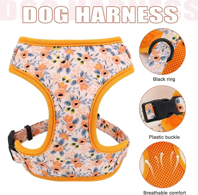 Beirui Cute Girl Dog Collars, Harnesses & Leashes Set - Adjustable Dog Collar and Leash Set with Flower - Soft Mesh Dog Vest Harness for Puppies Small Medium Dogs (Orange,M)