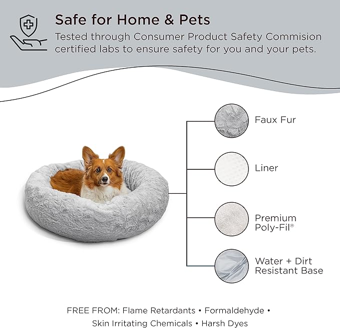 Best Friends by Sheri The Original Calming Donut Dog Bed – Washable Plush Pet Bed for Medium Breeds up to 45 lbs, Lux Faux Fur, Gray, Medium (30" x 30")