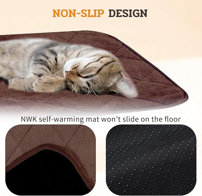 NWK Fluffy Self Warming Cat Mat, Cat Blanket, Thermal Dog Mat, Washable, Non-Slip Bottom for Sofa & Crate & Kennel & Car Seat (Coffee Brown, Small (20'' X 16'' X 0.4''))