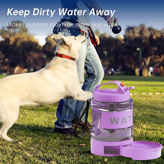 77oz Dog Water Bottle with Dispenser Bowl, 2200ml Capacity, Purple, Portable Pet Travel Bottle with Strap