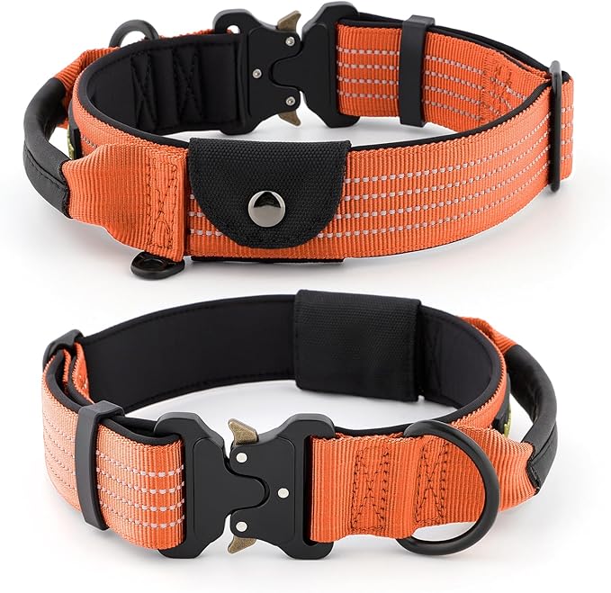 Plutus Pet Tactical Dog Collar with Tracker Packet for AirTag, Adjustable Reflective Nylon Collar, Metal Buckle, Leather-Wrapped Handle, Soft Padded for Medium Large Dogs (Orange, M)