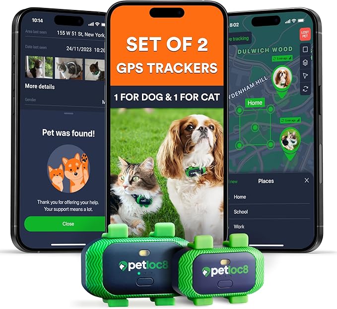 Set of 2 Pet GPS Tracker – Smallest Waterproof Pet Tracking Device with App, Real-Time Location, Smart Alerts & Geo-Fence, Long-Life Battery, Collar-Compatible – iOS & Android (Subscription Required)