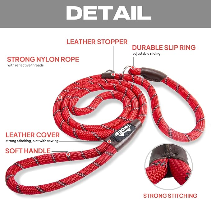 TwoEar Slip Leads for Dogs, 1/2" x 6FT Slip Leash for Large Dogs with Highly Reflective Threads, Comfortable Strong Rope Slip Leads, No Pull Pet Training Leash, Red