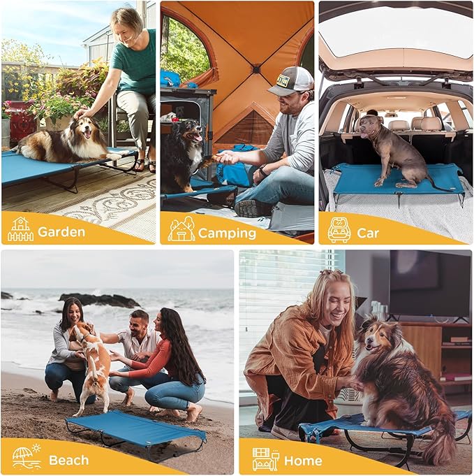 Daisy Cot, Medium Foldable Elevated Dog Bed, Portable Raised Outdoor Folding Dog Cot, Cooling, Chew Proof, Waterproof, Heavy Duty Up to 160 Lbs for Camping/Home, Dark Blue, 32"x 19"x6"
