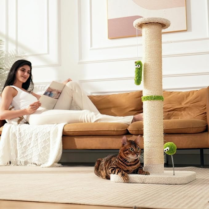 TINYBEAST 34.7" Tall Cat Scratching Post, 3 in 1 Sisal Cat Scratcher, Heavy Duty 4.3" Diameter Cat Tree with Hanging Bell Ball Toy and Reinforced Stable Base for Indoor Adult Cats & Kittens