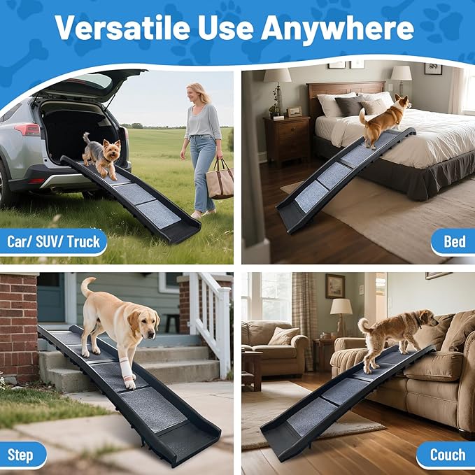 ROBLOCK Folding Dog Ramp for Car, Truck, SUV, Outdoor 61" L Anti-Slip Pet Ramp for Large Dogs, High Bed, Stairs, Couch, with Rug Surface, Raised Siderails, Easy Storage, Supports Up to 150 LBS
