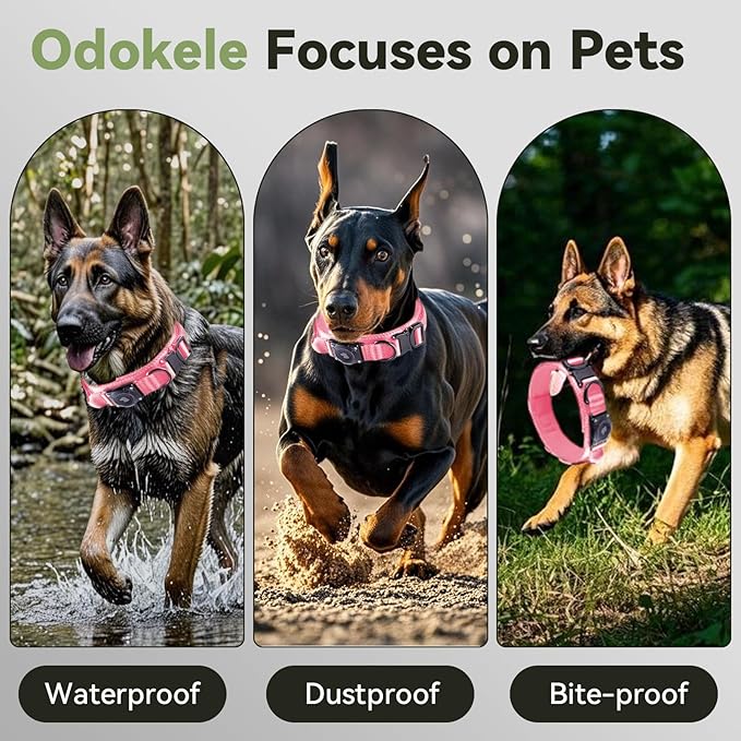 2025 Upgrade Waterproof AirTag Dog Collar, Military Tactical Dog Collar with AirTag Holder, Comfortable Control Handle and Metal Buckle, GPS Dog Collar Holder for Medium to Large Dogs (Pink, M)