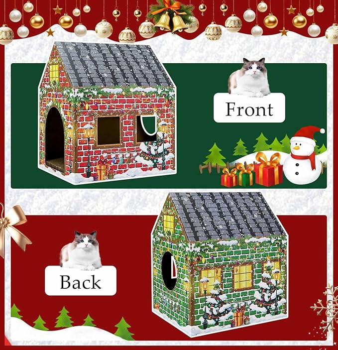 Christmas Cardboard Cat House with Scratch Pad Large Christmas Cat Scratching Playhouse Scratcher House for Indoor Xmas Cats Cardboard Cat Play Box (Red and Green)