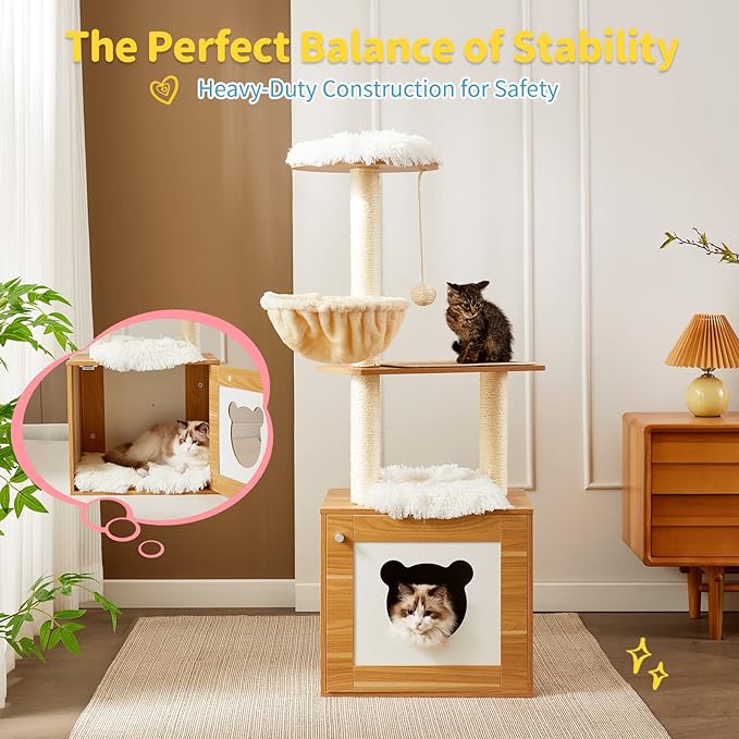 Made4Pets Cat Tree with Litter Box Enclosure, 2-in-1 Modern Cat Tower for Indoor Cats, 48.6" Wood Kitten Condo with Scratching Post and Hammock, Removable Scratch Pad for Large Cats