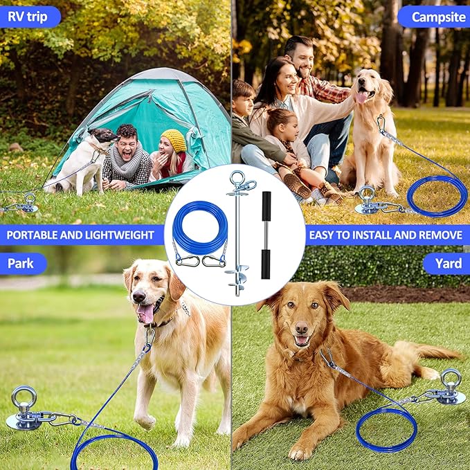 Dog Tie Out Cable and Stake,with 20FT Heavy Duty Cable,360°Swivel Dog Run- No Tangle,Runner for Yard R- Up to 150LBS,Ideal for Outdoor Camping