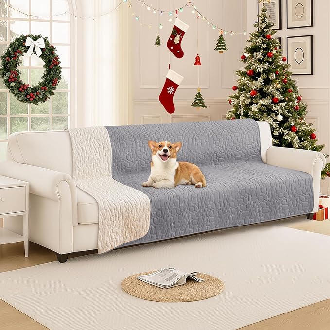 Waterproof Dog Blanket, Non-Slip Soft Pet Bed Cover, Couch Cover for Dogs Washable, Protects Sofa, Furniture, Crate, Car, Tear Resistant Leakproof Pet Blanket (82x82 Inch, Light Grey)