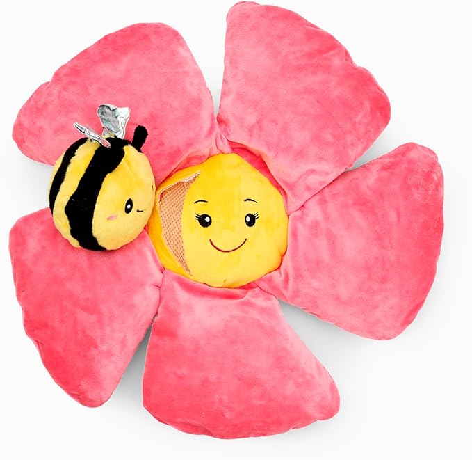 Flourish Pets 3 in 1 Multi-Layer Chew Toy for Active Dogs | Non-Toxic BPA Free Double Stitched Soft Fabric Exterior Dog Toys | Long-Lasting Dog Plush Toys - Large Pink Poppy 17"