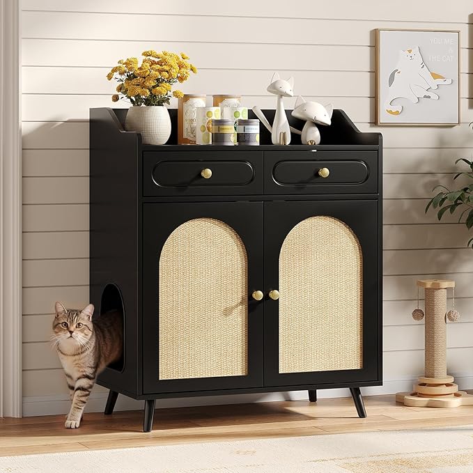 Cat Litter Box Enclosure Furniture, Wooden Hidden Litter Box Furniture with Double Rattan Scratching Board Doors, 2 Drawers, Litter Box Cabinet, Cat Cabinet, Black