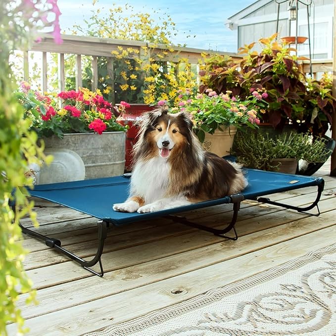 Folding Raised Dog Cot, Large Outdoor Elevated Dog Bed, Cooling Chew Proof Pet Cots Bed, Portable, Heavy Duty Up to 160 lbs, Pet Cot for Camping, Home, Dark Blue, 43"x27"x7"