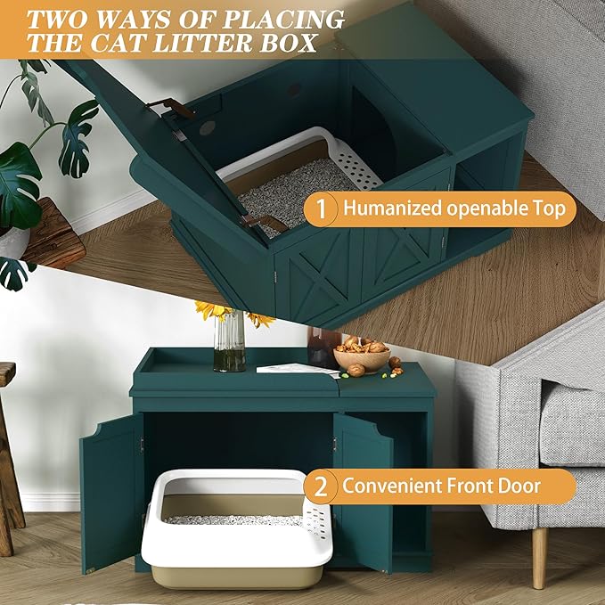 Flip Top Cat Litter Boxes Enclosure Covered Litter Box Hidden Furniture Wooden Cat Washroom Cabinet for Kitty, Medium and Large Cat Green