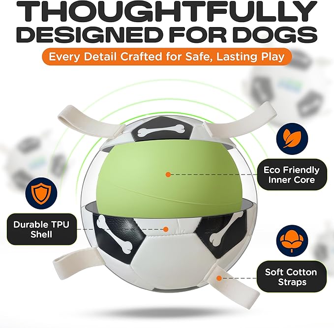 Eco Sports Small Dog Soccer Ball with Straps – Size 2, Interactive Durable Dog Soccer Ball with Cotton Grab Tabs for Fetch Training and Outdoor Play, for Small Size Pets and Puppies