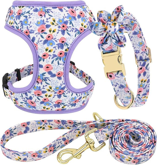 Beirui Cute Girl Dog Collars, Harnesses & Leashes Set - Adjustable Dog Collar and Leash Set with Flower - Soft Mesh Dog Vest Harness for Puppies Small Medium Dogs (Blue,M)