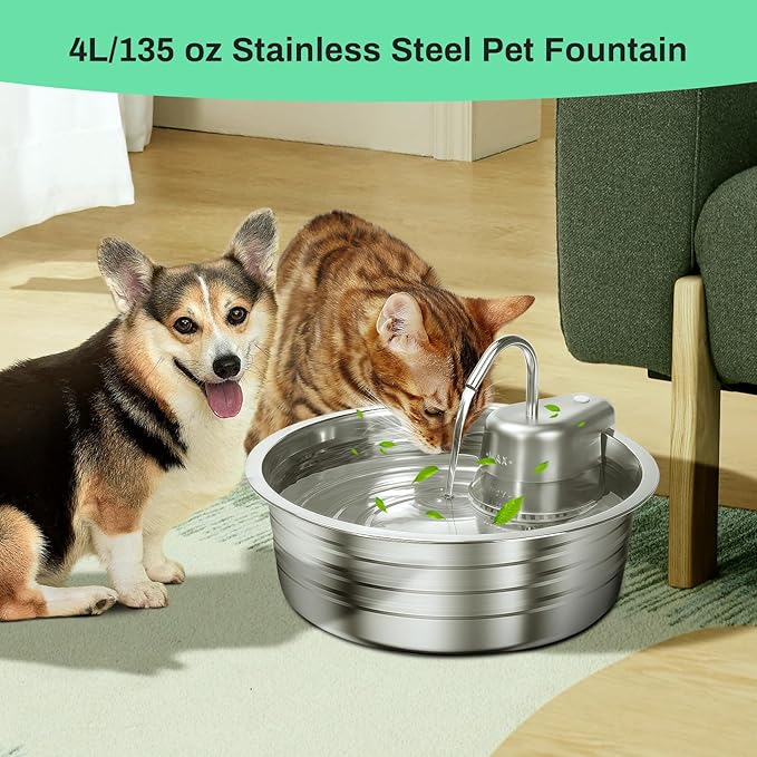 Cat Water Fountain, 4L/135OZ Stainless Steel Pet Fountain with 3 Filters Dog Water Dispenser, Dog Water Bowl Cat Drinking Fountains Watering Supplies with Ultra-Quiet Pump for Pets Indoor