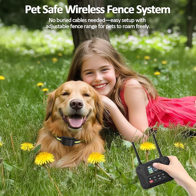Wireless Dog Fence System with LCD Remote - Adjustable Training Collar & Portable Containment for 10-120lb Dogs, No Wire Needed, 1-Mile Boundary, Waterproof