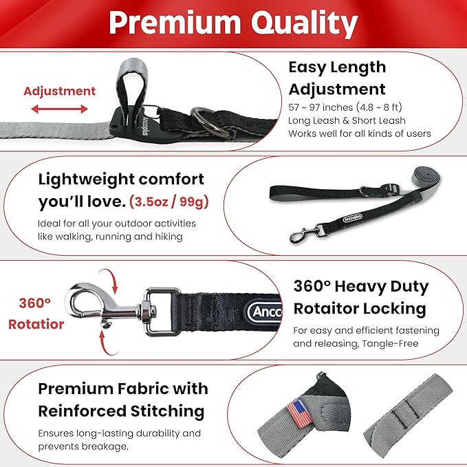 Hands Free Dog Leash, Multifunctional Crossbody Running for Dogs, Ultra-Light Dog Training Leash with Secure Clip, Short & Long Leashes, Adjustable Service Dog Leashes (Black Gray)