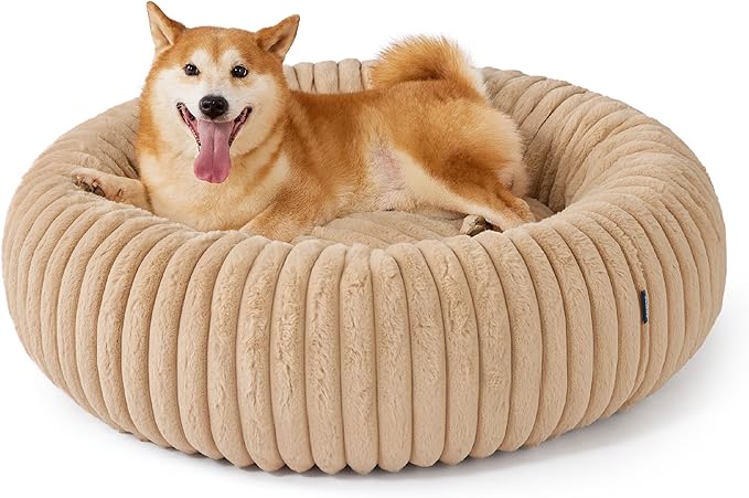 Bedsure Donut Large Dog Bed - Washable Faux Fur with Corduroy Fleece & Anti Slip Bottom, Round Pet Bed with Removable Cover, Sandy Beige, 36x36x8 inches