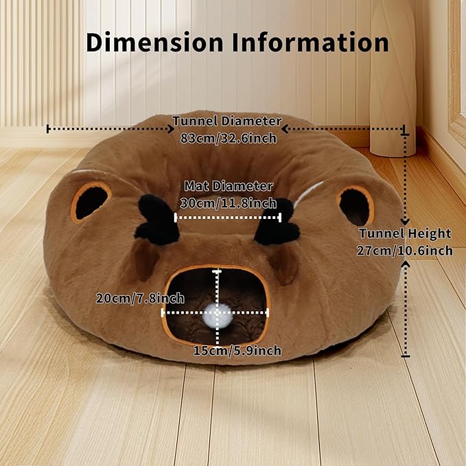 Cat Tunnel Bed for Indoor Cats with Washable Cushion Cat Cave Donut Tunnel with Fluffy Ball Big Round Tube Pet Playground Toys Soft Plush Peekaboo for Kitten, Cat, Puppy, Rabbit, Ferret(Deer)
