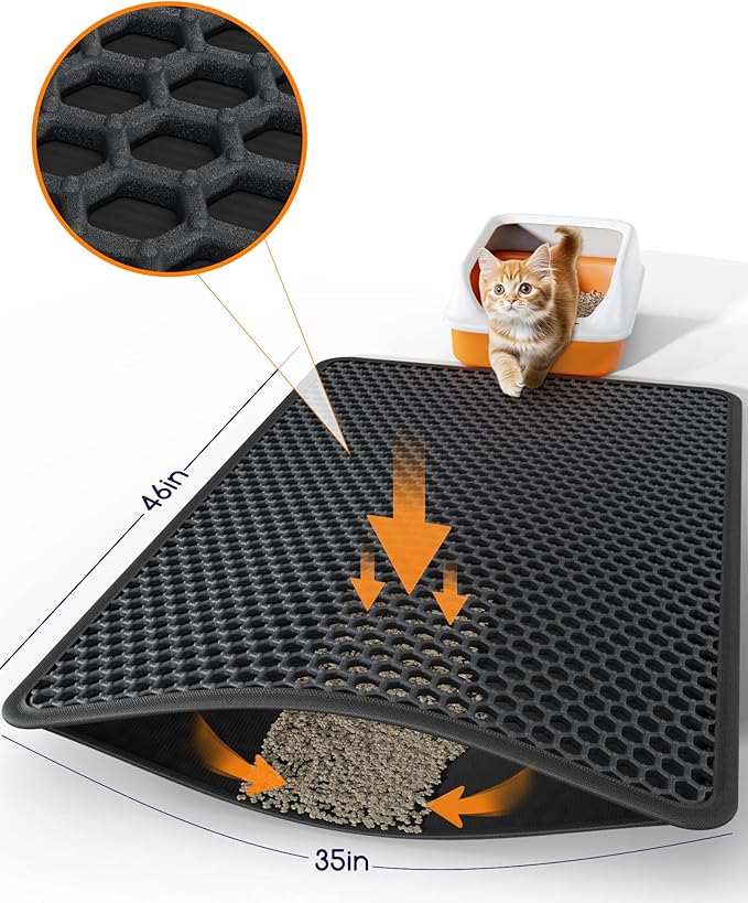 Cat Litter Mat - 46" x 35" Jumbo Litter Box Mat with Double Layers, Urine-Proof and Non-Slip Litter Trapping Mat, Easy to Clean Kitty Litter Mats for Floor, Scatter Control, Black