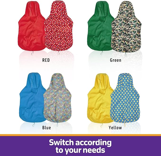 Dog Raincoat Reversible, Single Side Slicker Poncho Adjustable Waterproof Dog Rain Jacket with Leash Hole/Reflective Stripe Hooded Snowproof Windproof Clothes for Small to 3X-Large Dogs, XL
