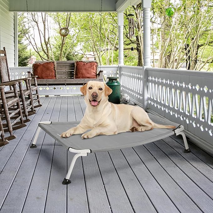 Veehoo Elevated Dog Bed for Outdoor, Cooling Waterproof Raised Dog Cots Beds for Large Dogs, Curved Off Ground Pet Hammock Cot Lifted for Outside, up to 85lbs, White Legs, Grey 42"