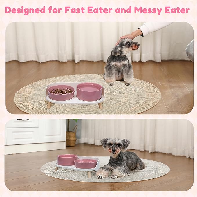 Elevated Slow Feeder Dog Bowls - Ceramic Food and Water Bowl Set with Stand - Raised Pet Dishes for Small and Medium Sized Dogs
