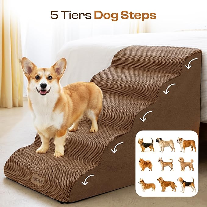 Extra Wide Dog Stairs for Large Dogs Up to 80lbs, 25" Pet Steps for High Bed with Washable Cover, 5-Step Foam Bed & Couch Ladder for Small Medium Dogs & Senior Cat, Coffee